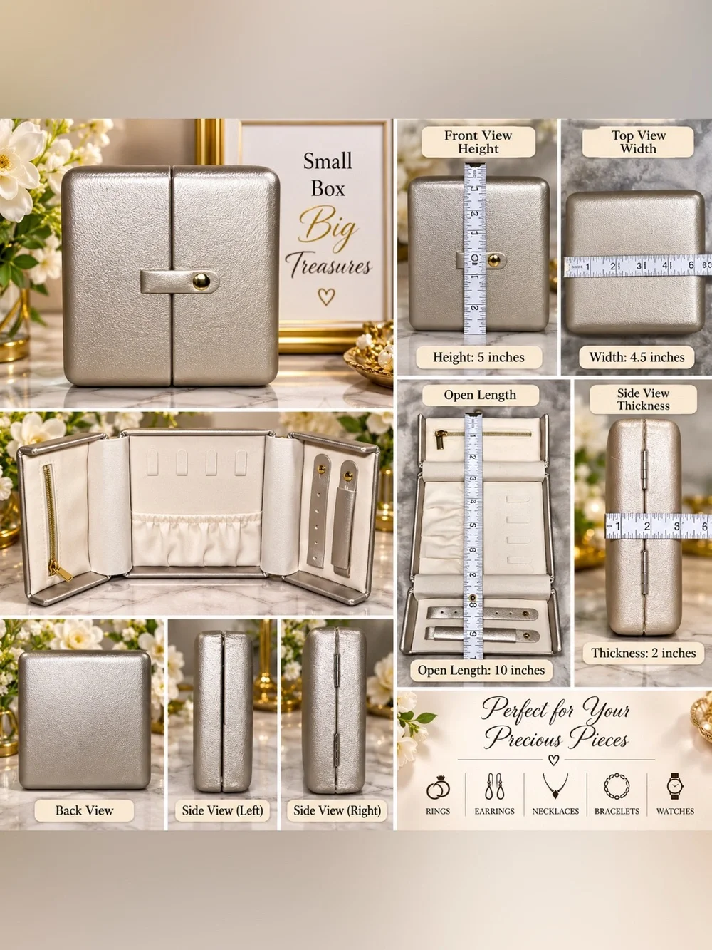 ✨ Metallic Champagne Gold Trifold Travel Jewelry Case Organizer